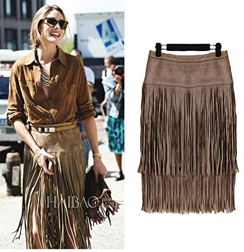 N/F Falda Retro Falda de Cuero Recta de Cintura Alta con Capas Pesadas con Falda de Gamuza con Flecos para Mujer