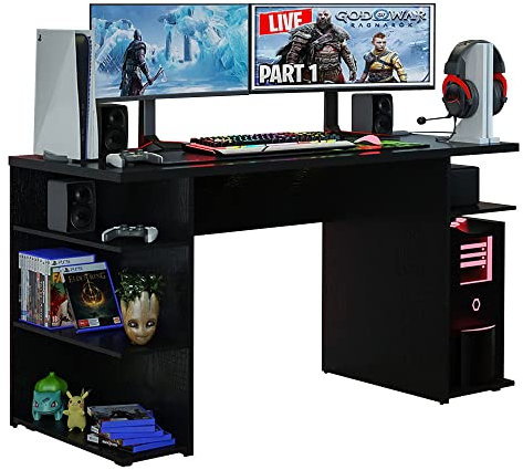 Madesa Bureau d'ordinateur de Jeu avec 5 étagères, Gestion des câbles et Grand Support pour Moniteur, Bois, 60 x 136 x 75 cm – Noir