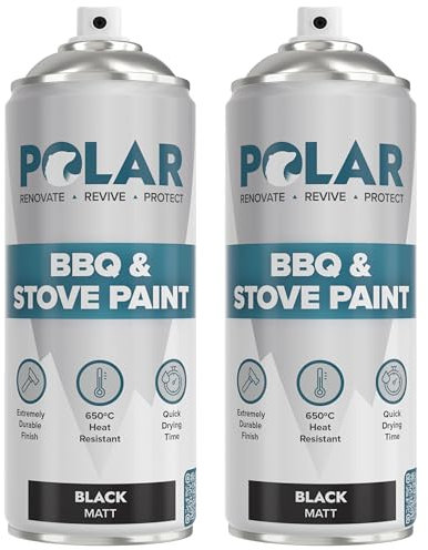 Polar BBQ & Stove Black Spray Paint - 2 x 400ml | Matt Finish | Up to 650°C | Ideal Heat Resistant Paint for BBQs, Stoves, Ovens, Automotive Engines, Boilers, Firepits & More | Indoor & Outdoor Use