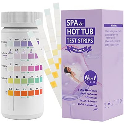 6 in 1 Wasser Hot Tub, Spa und Whirlpool Teststreifen, 100 Stück Schwimmbad Teststreifen Kit für Gesamthärte, freies Chlor, Brom, Gesamtchlor, Gesamtalkalität & pH