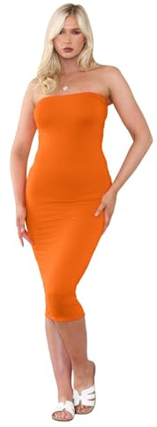 Hamishkane Damer bröst tub enkel bandeau axelbandslös stretch penna lång bodycon midi-klänning, NEONORANGE, 32/34