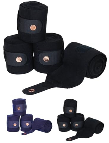 Marengos - Fleecebandagen Modern Rosé (4er Set) – Schwarz – 300 cm | Elastische Bandagen mit Klettverschluss – roségoldenem Metallplättchen & Antipilling-Fleece – Pferde-Beinschutz