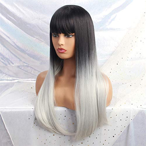 YTOOZ Pelucas Delanteras de Encaje sintético Cabello Largo y Liso y Flequillo Negro Lila Púrpura Marrón Ombre Peluca de Cabello sintético para Damas Peluca de Cosplay Resistente al Calor, A