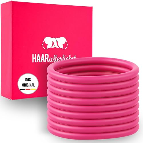 HAARallerliebst® Unisex Silikon Haargummis 9 Stück + Aufbewahrungsbox – Premium Haargummi Damen & Herren, ultra starker Halt – Zopfgummi Damen, Haargummi Pink – Hair Ties & Zopfhalter für Sport