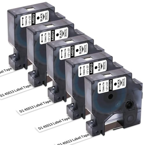 Invoker 5x Ersatz für Dymo D1 Etikettenband 45013 S0720530 Weiß 12mm x 7m | Kompatibel mit DYMO LabelManager 160 210D 280 360D 420P PnP 500TS 640CB Colorpop, 45113 A45013 Schwarz auf Weiß Schriftbänder