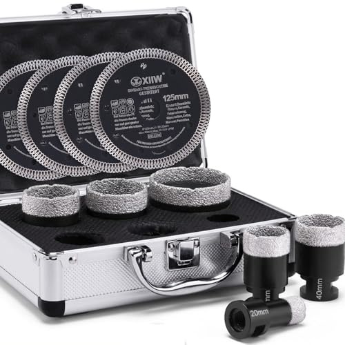 10tlg Fliesenbohrer M14 x 15mm Diamant Bohrkrone Set Für Winkelschleifer | 20-68mm+125mm Trennscheibe Lochsäge Fliesen Granit Feinsteinzeug Keramik Mauerwerk Nass Trocken Bohrkrone Fliesenbohrkrone