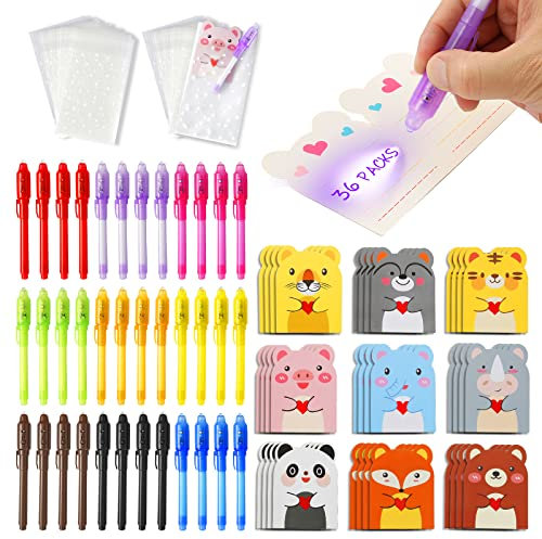 DazSpirit 36 PCS Penna Inchiostro Invisibile con Simpatiche Carte Animali e Sacchetti Regalo, Penna Invisibile con Luce Gadget Compleanno Bambini, Inchiostro Magiche per Scrivere Messaggi Segreti