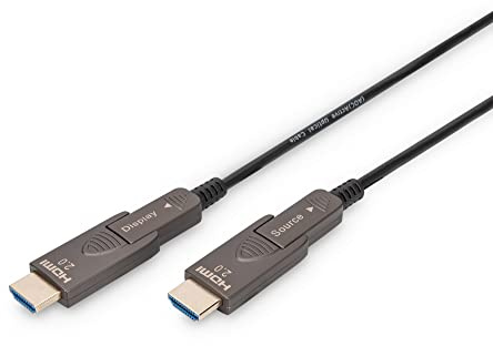 DIGITUS Cavo HDMI in fibra ottica – 30 m – UHD 4k 60 Hz 1080p 120 Hz – HDMI 2.0 – connettori rimovibili – 18 Gbps – ARC, HDR, HDCP 2.2, CEC – cavo ibrido AOC – contatti placcati in oro – nero