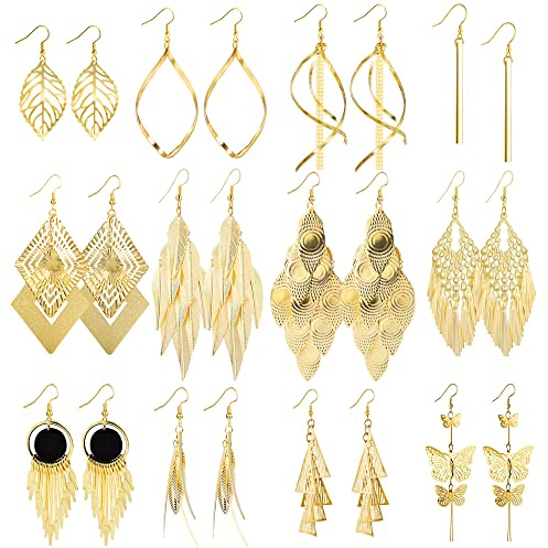 Guld örhängen set, 12 par guld dropp örhängen boho för kvinnor tjejer, mode smycken stora örhängen långa blad ihåliga löv tofs fjäder prisma boho örhängen allergivänliga örhängen dropp guld