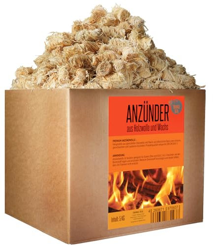5KG in natürlichem Wachs getränkte Kaminanzünder BZW. Grillanzünder (Anzündwolle) aus Holzwolle - optimalen Feueranzünder auch für Holzbriketts, Grillkamin, Anzündkamin, Anzündholz & Schwedenofen