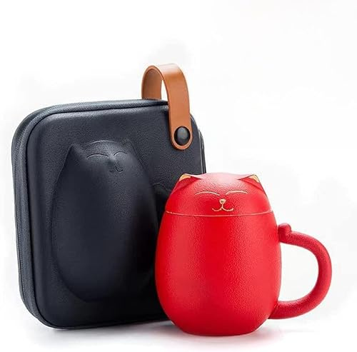 Tea Mug Coffee cups Cat Mugs with Infuser and Lid, Cute Tea Cups Kawaii Mug in Ceramic for Steeping Loose Leaf, Handmade Porcelain Teacup Teapot for Home Office, 350ML (Green) (Color : Rood)