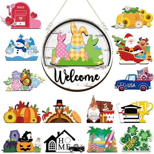 Sintuff 16 Pcs Interchangeable Welcome Sign for Front Door Interchangeable Seasonal Door Sign Holiday Welcome Signs with Magnet Changeable Seasonal Wooden Decor for Home Office(Black Word, White Back)