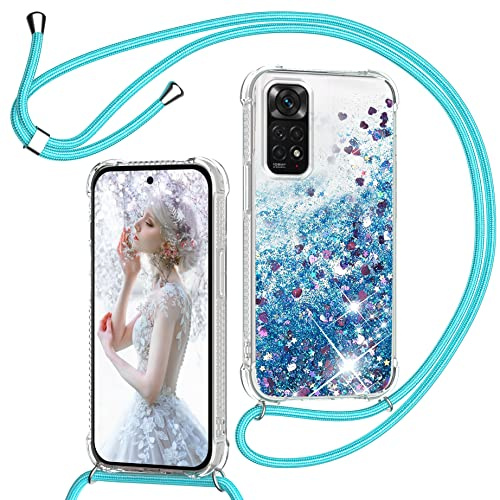 Cover per Xiaomi Redmi Note 11 Pro 5G/4G/Note 11E Pro/Note 12 Pro 4G con Cordino, Custodia Brillantini con Collana Trasparente Antiurto Protettivo Sabbie Mobili Case per Cellulare Cordoncino, Blu