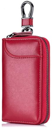 Etui Porte-Clé Cuir,Etuis Porte-Clés de Voiture,Housse de Protection clé de Voiture,Porte-clés avec Crochet en métal Et Fermeture éclair,Pochette Porte Cles Avec 6 crochets (Rouge)