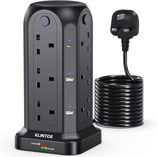 KLINTOS Tower Extension Lead 5M, 12 Way, 6 USB, 4 Independent Switches | Multi plug extension with 2 USB-C and 4 USB-A ports, 1400J surge protection, 13A 3250W for home, office, kitchen and bedroom