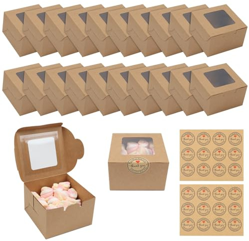 20 Pcs Small Square Cake Boxes Cupcake Boxes with Windows ＆ 24 Stickers | Brown Single Cookie Boxes Doughnut Boxes for Cupcakes Desserts Pastries Cookies Small Cakes Candy Pies & Gifts