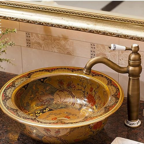 YOtat Lavabo da Appoggio, Lavabo Rotondo, Lavabo da Appoggio in Ceramica Vintage, Lavabo da Appoggio Vanity (A)