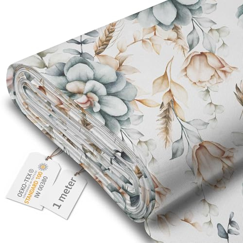 DreamRoots Markisenstoff Meterware, Winter Roses, 1 m | Oxford Segeltuch, wasserdicht, Polsterstoff Meterware, 220 g/m² 600D, 160 cm breit, für außen & Deko
