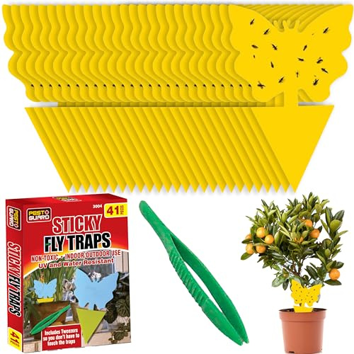 PEST GUARD Fruit Fly Traps Includes Tweezers 41 Pack Double Sided Fungus Gnat Sticky Catcher Fly Catcher for Indoor Outdoor Plants Fruits Non Toxic UV & Water Resistant (Pack of 41)