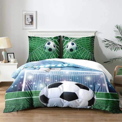 Yzehomijia Fußball Bettwäsche Set für Kinder 140x200 cm - Maschinenwaschbare Mikrofaser-Bettbezüge mit Reißverschluss, Hypoallergen, 3D-Druck-Design+ 2Kissenbehälter-65x65 cm（F1×140）
