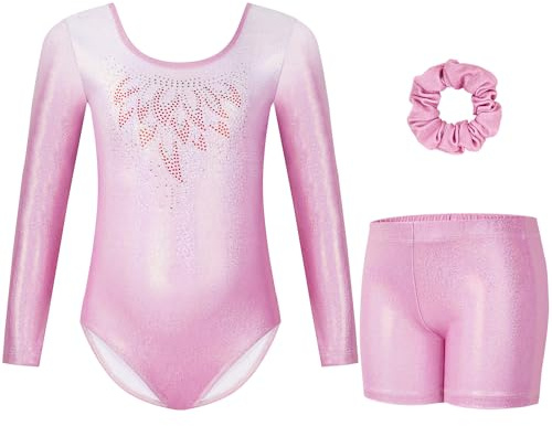 Gogokids Gymnastics Leotards for Girls Long Sleeve Sparkly Rhinestone Dance Unitards Biketards with Shorts, A-pink, 9-10 Years