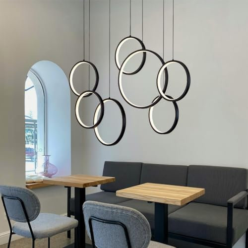 AIAO hängelampe Moderner LED pendelleuchte esstisch Für hängeleuchte Dimmbar Mit Fernbedienung 7 Ring pendelleuchte schwarz Wohnzimmerlamp Für Schlafzimmer Büro Esszimmer Höhenverstellbar lampen