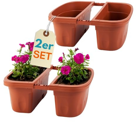 GarPet 2er Set Blumenkasten Balkongeländer Beidseitig Balkon Blumenkasten Doppelseitig Balkonkasten mit Halterung Geländerkasten mit Wasserspeicher Teracotta 40 cm