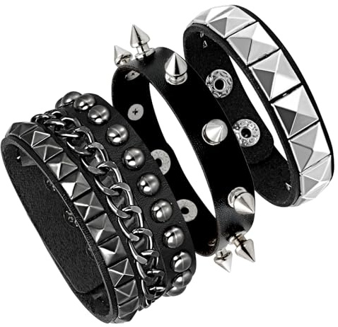 Eigso 3 Stück Pun Leder Manschette Nieten Armbänder für Männer Frauen Vintage Retro Strap Nieten Armbänder für Mann Frau