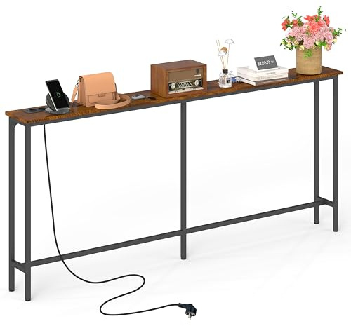 180 cm Breit Konsolentisch Schmal mit Steckdose(Braun&Schwarz/1 Stück) | Flur Regal Schmaler Beistelltisch Sofa Couch Tisch für Eingang Flur Foyer Veranda Balkon Wohnzimmer Möbel 180x20x80cm