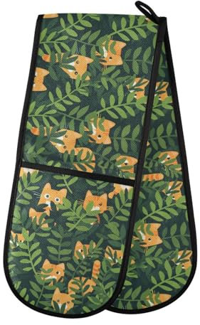 Oven Gloves Double Oven Gloves Hide Cat Green Oven Mitts Pot Holder Heat Resistant Quilted for BBQ Baking Kitchen Cooking Gloves