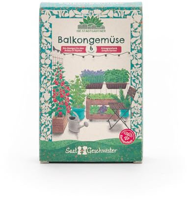 Lot de 6 semences de légumes bio pour le balcon - Graines de légumes de qualité supérieure résistantes aux graines, par exemple radis, concombres, tomates - Idée cadeau pour anniversaire, Pâques,