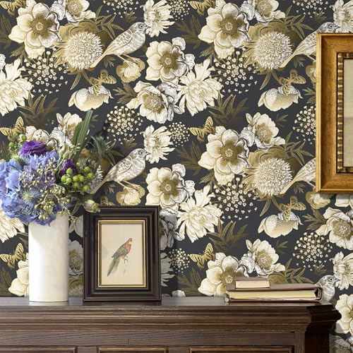 LaCheery 44.5cm x 700cm Papier Peint Adhesif Mural Fleur Oiseau Noir et Or Tapisserie Autocollante Murale Fleurs Vinyle Adhesif Decoratif Motif Imperméable Epais Film pour Meuble Armoire Salon Chambre