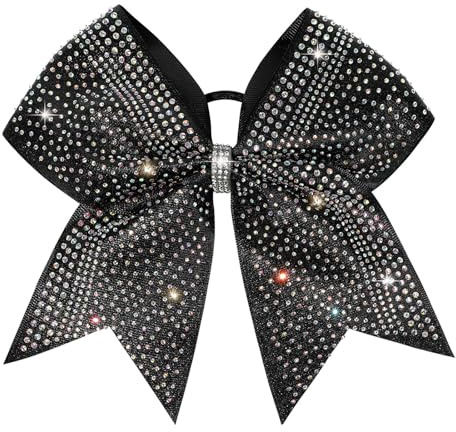 DEEKA 1 PCS 8 Large Glitter Cheer Bows with Iridescent Rhinestones Colorful Stiff Hair Elastic Band Ponytail Holder for Cheerleader Girls Sports (Black)