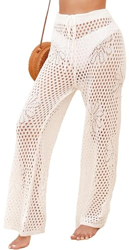 FEOYA Bikini för kvinnor, byxor, transparent, mesh, strandbyxor, virkade, stickade långa byxor, hög midja, elastisk strandbotten, Ljusvit, M