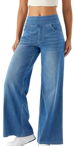 Pantalon Large Femme Fluide ete Pas Cher Jeans Taille Haute Elastique Coupe Droite Jean Femmes Taille Elastique Ultra Confortable Jean Baggy Wide Leg à Jambe Large Coupe Ample Denim Pants