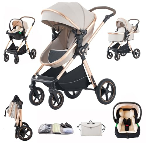 Shineey 3 in 1 Pram Pushchair Aluminium Frame High Landscape Combined Buggy Lightweight Folding Stroller 3 in 1 Travel System Pram for Newborns Toddlers 0-36 Months from Birth (RICEWHITE-D, D2)