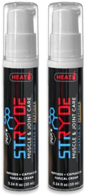 PEP+ STRYDE HEAT - Peptide-Powered Muscle & Joint Care Cream for Pre-Workout Activation - Warming Capsaicin Formula, Fast-Absorbing, Non-Greasy, Travel-Ready 0.34 fl oz (2-Pack, 30-40 Uses per Bottle)