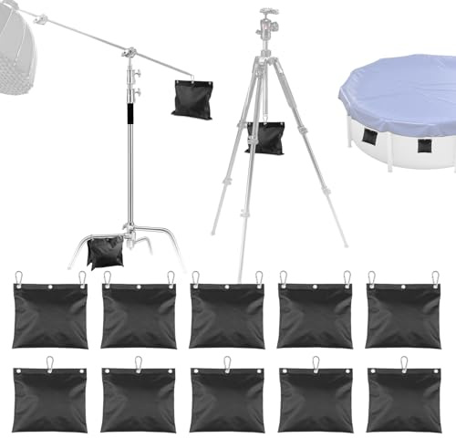 10-Pack Photography Small Sandbags Weight Bag with Carabiner(Max Capacity 15 LBS), 1680D Heavy Duty Oxford Cloth Sand Bag for Photo Studio Light Stand, Video Tripod, C Stands, Pool Cover(No Sand)