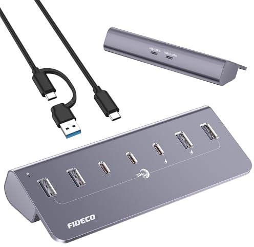 FIDECO USB Hub mit Netzteil, 7 Port USB 3.2 Gen 2, 10Gbit/s Schneller Datenhub, Vollaluminium-Verlängerungssplitter mit 5V 3A Netzteil, Unterstützt BC1.2-Aufladung (Grau)