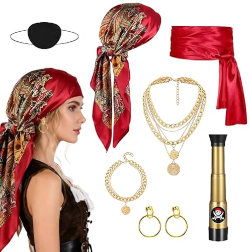 JJZENKD Piratenkostüm Damen, Piraten Kostüm Frauen Karneval Kostüm, Pirate Accessories Set, Pirat Kopftuch, Augenklappen, Halskette, Haarschmuck Piraten Fernrohr für Karneval Party Cosplay Mottoparty