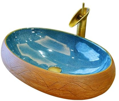 Set Lavabo in Ceramica Fatto a Mano – Lavabo Ovale Vintage da Appoggio con Rubinetto e Scarico, per Bagno, Lavabos Moderno e Lavandino Artistico da Arredo