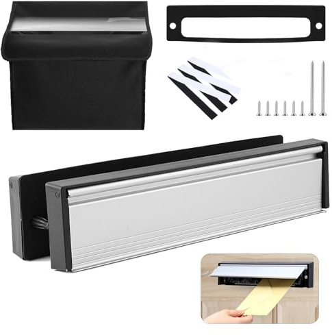 HuaJiao 1 Set 12 Letter Box with Mail Catcher Bag, Zinc Alloy Letterbox for 40-80mm Thickness Door Letter Box Flap for Wooden UPVC Composite Doors