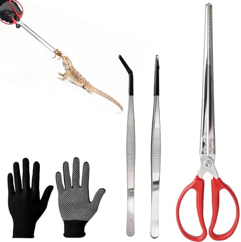 KEPYDRMTF Feeding Tongs, Reptile Feeding Tongs for Snakes, Lizard, 3PCS Stainless Steel Tweezers with Gloves & Black Rubber Tips