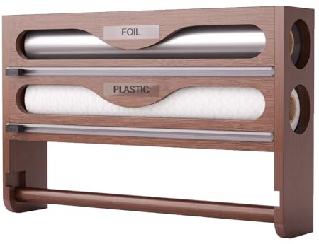 Folienspender Wand Holz Küchen Folienschneider Mit Küchenrollenhalter | Alufolie Frischhalte und Backpapier Organizer für Rollen mit Einer Breite von 30,7cm oder weniger, Braun