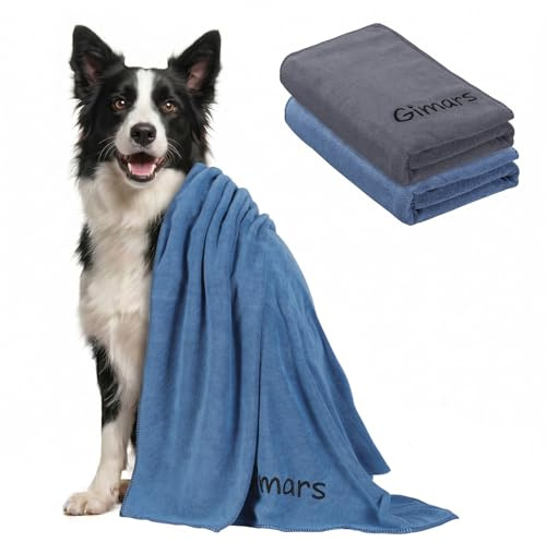 Gimars 2 Toallas de Perro de Microfibra, súper Absorbente, Secado rápido, 100x50 cm, Azul y Gris, para secar después del baño y la Lluvia