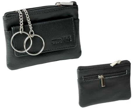 Étui à clés en cuir noir pour homme et femme + 2 anneaux + compartiment à monnaie + poche arrière