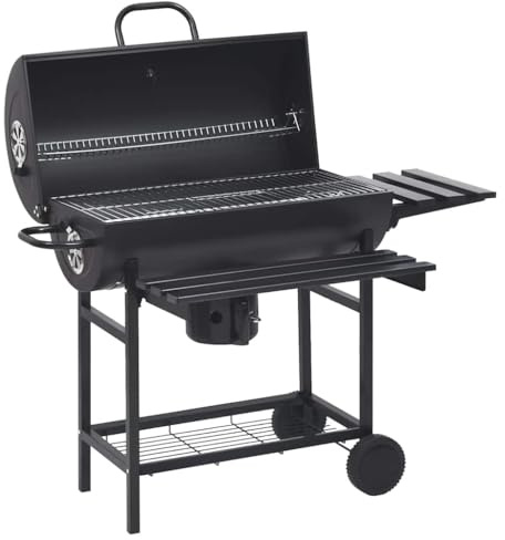 Carro de barbacoa de acero con ruedas y estantes, color negro, 115 x 85 x 95 cm, parrilla de carbón vegetal plegable para balcón, camping, exterior, barbacoa con rejilla para mantener el calor y