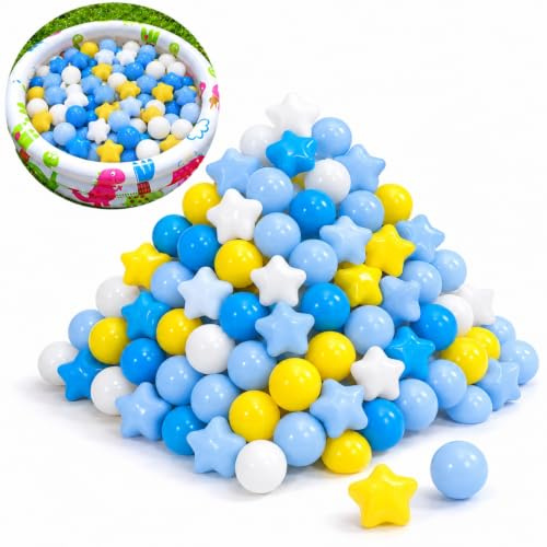 Shyllin Flerfärgade plastbollar, 50 stycken, 5,5 cm, blandade färger, BPA-fria, för att fånga och kasta, lämpliga för baby- och poolbollspooler (gul, blå, vit)