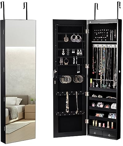 COSTWAY Smyckesskåp med LED-belysning, hängande smyckeshylla, spegelskåp med spegel, låsbar med nycklar, smyckesförvaring för smycken och kosmetika, 120 cm hög (svart)