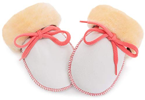 Söt baby lammullvadsbyglar från Christen – unisex (för pojkar, flickor, småbarn, barn upp till 18 månader) med anslutningsband, varma vinterhandskar i beige med rosa eller blått garn 1 Natur (mit rosa)
